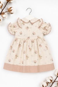 Rochita fetite crem din bumbac cu imprimeu floral si guler elegant - Img 3