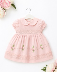 Rochita fetite roz eleganta din bumbac cu broderie florala si chilotel inclus - Img 3