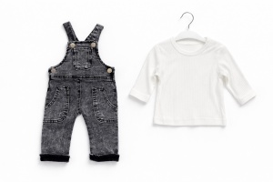 Salopeta bebe denim gri cu bluzita bumbac set 2 piese copii casual modern - Img 4