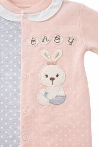 Salopeta bebe fete roz gri baby iepuras cu bentita bumbac, detaliu material si finisaje