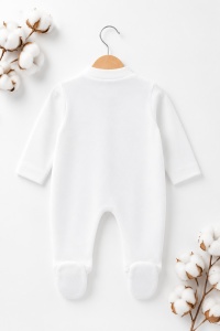 Salopeta bebe fetita alba cu caciulita si aplicatie fluture eleganta din bumbac - Img 4
