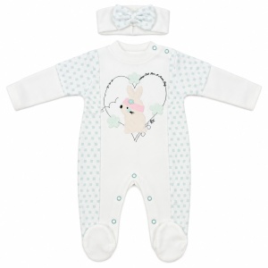 Salopeta bebe fetita din bumbac cu botosei integrati si bentita, alb cu verde menta, iepuras - Img 3