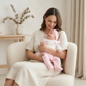 Salopeta bebe fetita din bumbac cu botosei integrati si bentita, roz cu alb, stelute - Img 2