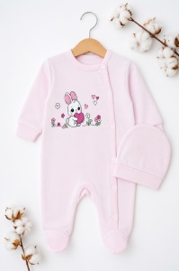 Salopeta bebe roz pal din bumbac cu caciulita si imprimeu iepuras fetita - Img 2