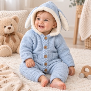 Salopeta premium pentru iarna bebe albastru tricotat cu interior imblanit, gluga cu urechiuse si buzunare decorative