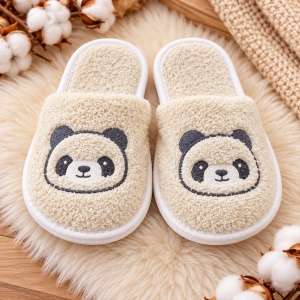 Set baie bebe 3 piese, halat cu gluga panda, prosop si papuci, crem Panda - Img 4