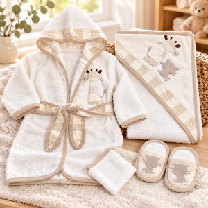 Set baie bebe 4 piese din bumbac, halat cu gluga, prosop, manusa si papucei, model girafa, crem-bej - Img 2