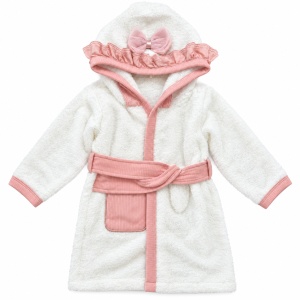 Set baie bebe 4 piese din bumbac, halat cu gluga, prosop, manusa si papuci, fundite, alb-roz - Img 4