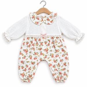 Set bebe 10 piese din muselina, imprimeu floral, alb cu roz, bluzita, salopeta, pantaloni, accesorii - Img 3