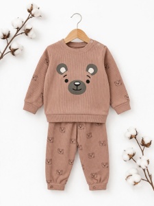 Set bebe 2 piese bumbac ribat maro cu ursulet, bluza pantaloni nou nascut - Img 3