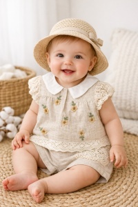Set bebe 2 piese vara bluza pantaloni scurti bej flori dantela fete