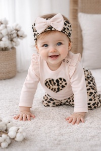 Set bebe 3 piese body pantaloni bentita leopard roz inimioara bumbac fete