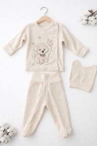 Set bebe 3 piese catelus bluza pantaloni si caciulita crem confortabil - Img 2