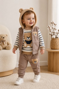 Set bebe 3 piese maro din bumbac cu bluza, vesta cu gluga si pantaloni pentru bebelusi