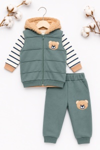 Set bebe 3 piese verde din bumbac cu bluza, vesta cu gluga si pantaloni pentru bebelusi - Img 3