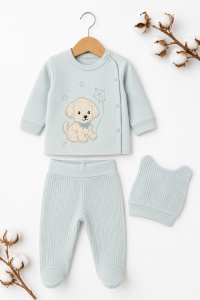 Set bebe 3 piese verde mentă din bumbac cu bluza pantalon si caciulita catelus - Img 2