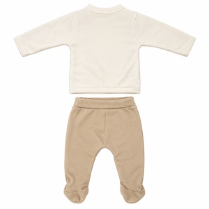 Set bebe 5 piese bumbac crem si bej, ursulet COOL, pantaloni cu botosei integrati - Img 6