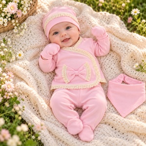 Set bebe 5 piese bumbac roz, fundita si dantela, pantaloni cu botosei integrati