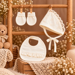 Set bebe 5 piese din bumbac, bluza cu dantela, pantaloni cu botosei, boneta, baveta si manusi, crem - Img 3