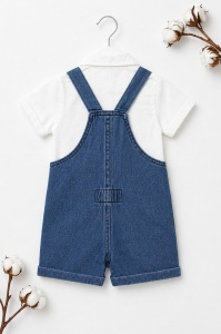 Set bebe baiat 2 piese camasa alba si salopeta denim cu bretele pantaloni scurti - Img 4