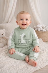 Set bebe baiat 2 piese zoo friends bluza si pantaloni verde confort