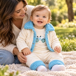 Set bebe baiat 3 piese bumbac, bluza cu motocicleta, pantaloni si jacheta crem bleu - Img 3