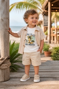 Set bebe baiat 3 piese camasa bej tricou imprimeu si pantaloni scurti vara