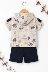 Set bebe baiat 3 piese camasa cu gluga palmieri tricou si pantaloni scurti vara - Img 3