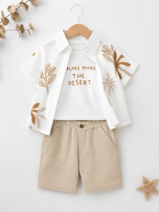 Set bebe baiat 3 piese camasa imprimeu tricou si pantaloni scurti vara casual - Img 2