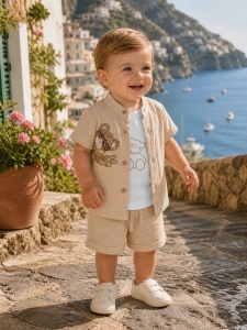 Set bebe baiat 3 piese camasa muselina tricou bumbac si pantaloni bej elegant vara