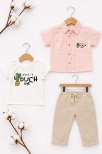 Set bebe baiat 3 piese camasa muselina tricou bumbac si pantaloni in casual vara - Img 3