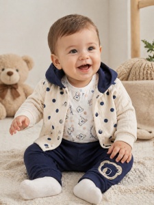 Set bebe baiat 3 piese cu hanorac – body imprimeu urs si pantaloni bleumarin