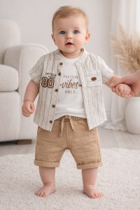 Set bebe baiat 3 piese din bumbac camasa tricou si pantaloni scurti casual