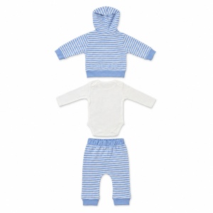 Set bebe baiat 3 piese din bumbac, hanorac cu gluga, body si pantaloni, bleu cu ursulet - Img 4