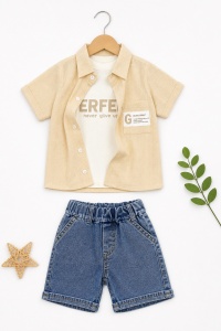 Set bebe baiat 3 piese tricou maiou camasa crem si pantaloni scurti denim vara, fotografie de produs pe fundal alb