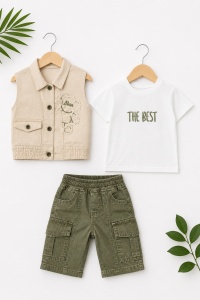 Set bebe baiat 3 piese tricou vesta si pantaloni scurti cargo casual - Img 2