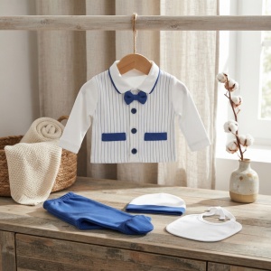 Set bebe baiat 5 piese din bumbac alb si albastru cu papion si pantaloni cu botosei
