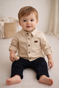 Set bebe baiat camasa bumbac si pantaloni denim casual elegant