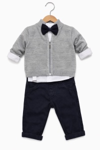 Set bebe baieti elegant 4 piese camasa cardigan papion si pantaloni, fotografie de produs pe fundal alb