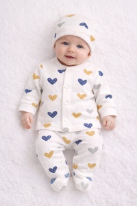 Set bebe bumbac 3 piese alb cu inimioare bluza pantaloni si caciulita nou nascut