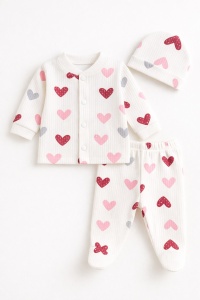 Set bebe bumbac 3 piese alb cu inimioare bluza pantaloni si caciulita - Img 2