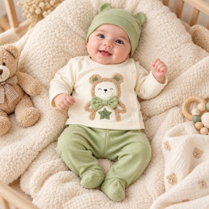 Set bebe din bumbac 3 piese cu ursulet, pantaloni cu botosei si caciulita verde