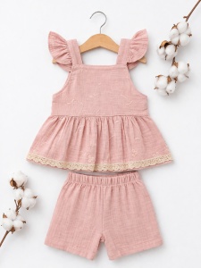Set bebe fete 2 piese muselina roz – bluza tip rochita cu volane si pantaloni scurti - Img 3