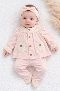 Set bebe fete roz pudra 3 piese elegant bluza dantela pantaloni bentita