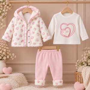 Set bebe fetita 3 piese cu jacheta pufoasa cu inimioare, bluza si pantaloni roz - Img 2