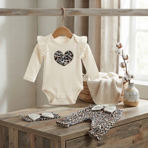 Set bebe fetita 3 piese din bumbac, body crem, pantaloni animal print si bentita - Img 2