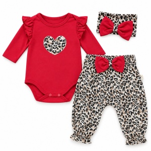 Set bebe fetita 3 piese din bumbac, body rosu, pantaloni animal print si bentita - Img 3