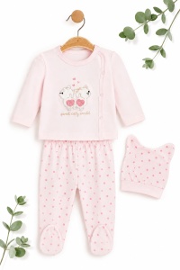 Set bebe fetita 3 piese roz din bumbac cu bluza pantalon si caciulita sweet caty world - Img 2