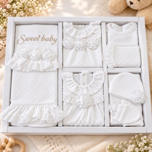 Set bebe fetita din bumbac 10 piese, alb, model elegant cu trandafiri si dantela - Img 2