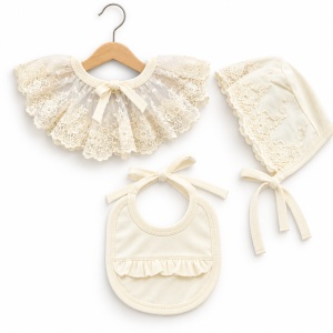 Set bebe fetita din bumbac 10 piese, crem, cu dantela si detalii florale - Img 6